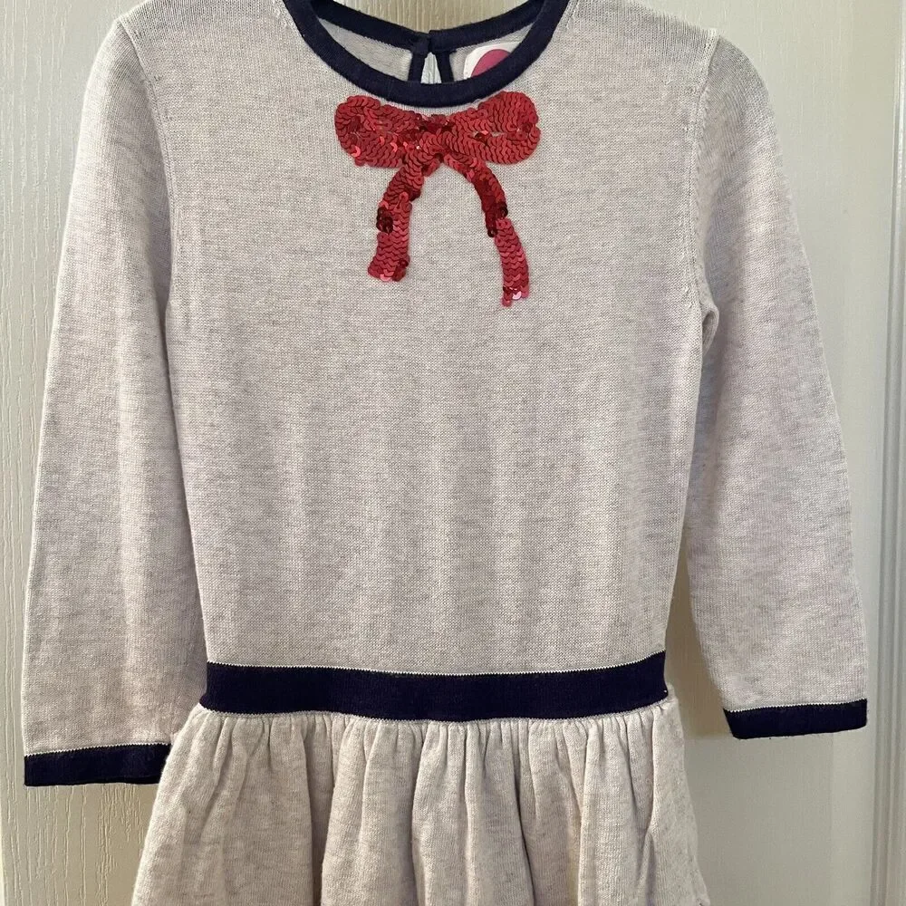 Mini Boden Tiered Ruffle Sequin Bow Sweater Knit Dress Christmas Girls Size 4-5